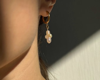 Pearl cross hoop earrings, dainty dangle pearl earring, gold stainless steel huggie hoop