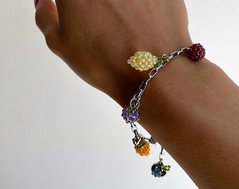 Beaded fruit and berry charm bracelet, silver stainless steel chain, Y2k colorful bracelet