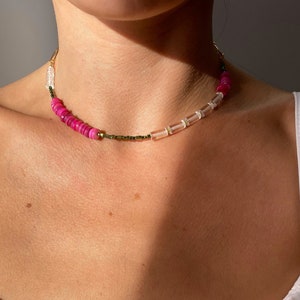 Natural stone crystal quartz choker necklace, fuchsia heishi shell choker, beaded surfer collar necklace image 1