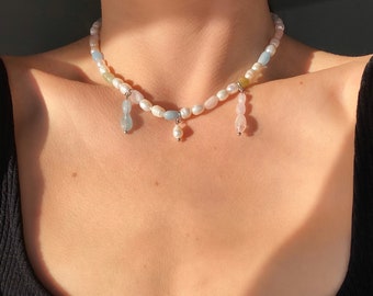 Freshwater pearl and morganite gemstone necklace, pearl drop colorful choker, healing multi gemstone necklace with dangle pendants