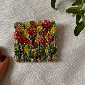 Flower bead embroidered brooch, red and yellow tulipes field brooch pin image 1