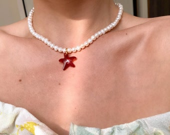 Pearl and crystal starfish necklace, freshwater pearl choker and red starfish pendant, summer choker