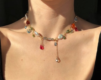 Dark fairy necklace, baroque pearl, tourmaline and labradorite necklace, gemstone choker