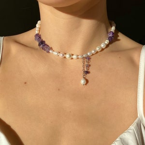 Amethyst and pearl drop necklace, real pearl choker with raw amethyst gemstone, February birthstone necklace