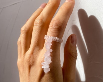 Beaded ring with quartz crystals, dangle fringe natural stone ring