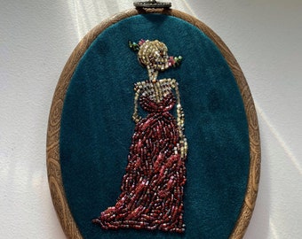 Framed skeleton lady embroidery hoop art, quirky gothic wall decor, skeleton textile art