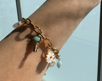 Natural stone charm bracelet, chunky chain gold stainless steel bracelet, Y2k vintage style unisex bracelet