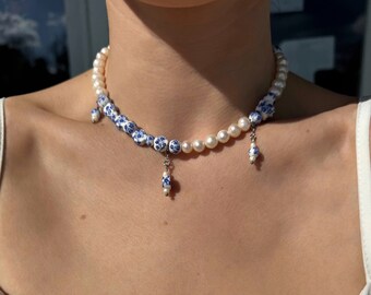 Freshwater pearl choker necklace, blue and white porcelain ceramic bead choker, lariat bridal necklace