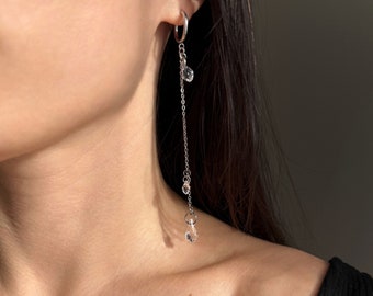 Long crystal teardrop earrings, silver stainless steel hoops with chain pendants, elegant bridal earrings