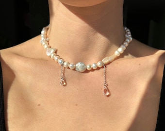 Pearl fairy necklace, crystal drop pendants, baroque pearl necklace, bridal jewelry