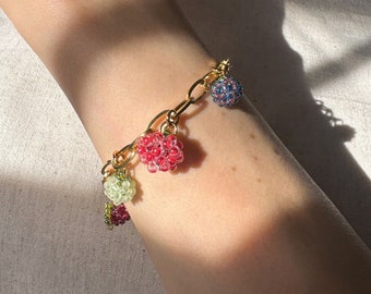 Beaded fruit and berry charm bracelet, gold stainless steel chain, Y2k summer bracelet