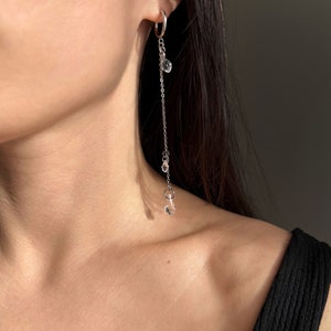 Long crystal teardrop earrings, silver stainless steel hoops with chain pendants, elegant bridal earrings image 1