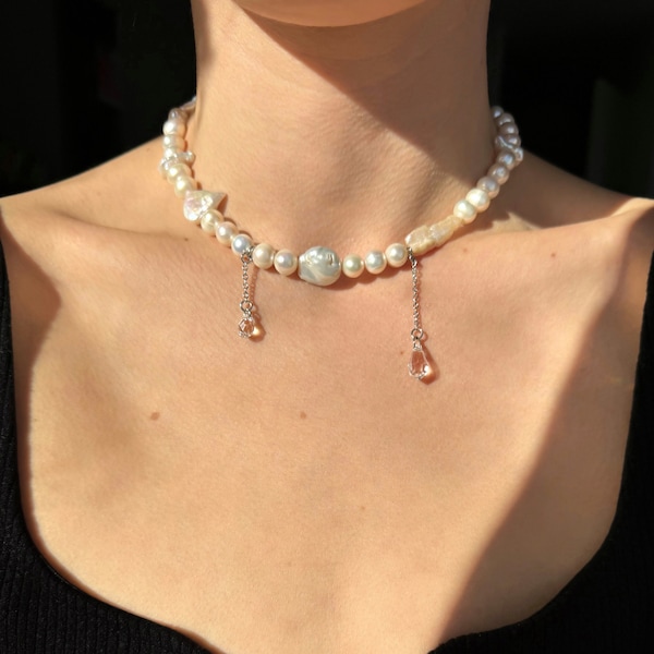 Collier de perles baroques avec pendentifs gouttes en cristal, ras de cou de cristaux, collier de mariée