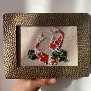 Koi fish bead painting, feng shui embroidery art, Japanese wall art embroidered frame