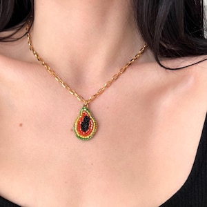 Papaya fruit pendant necklace, paperclip chain choker with hand embroidered fruit miniature