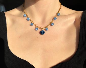 Beaded blueberry charm necklace, gold chain with beaded handmade berries, colorful summer necklace