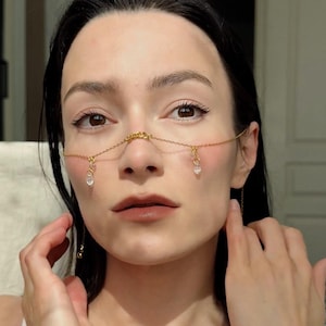 Gold face chain with teardrop crystal pendants, stainless steel nose chain, festival face jewelry