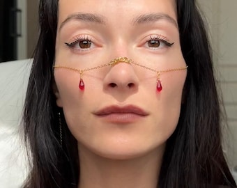 Gold face chain with red teardrop crystal pendants, stainless steel nose chain, festival face jewelry