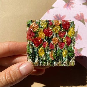 Flower bead embroidered brooch, red and yellow tulipes field brooch pin image 7