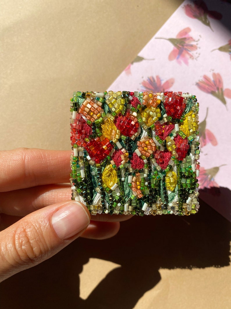 Flower bead embroidered brooch, red and yellow tulipes field brooch pin image 7