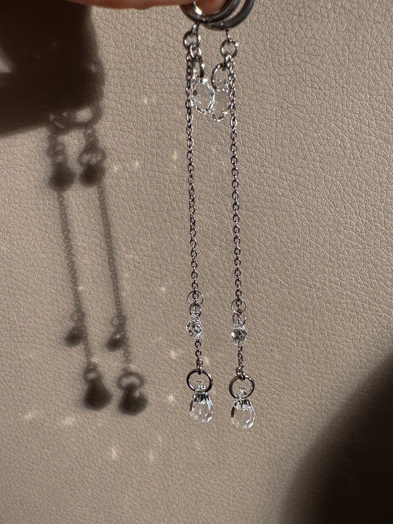 Long crystal teardrop earrings, silver stainless steel hoops with chain pendants, elegant bridal earrings image 4