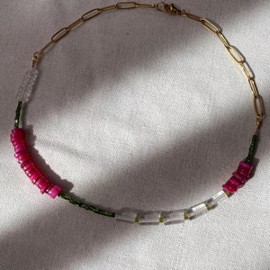 Natural stone crystal quartz choker necklace, fuchsia heishi shell choker, beaded surfer collar necklace image 2