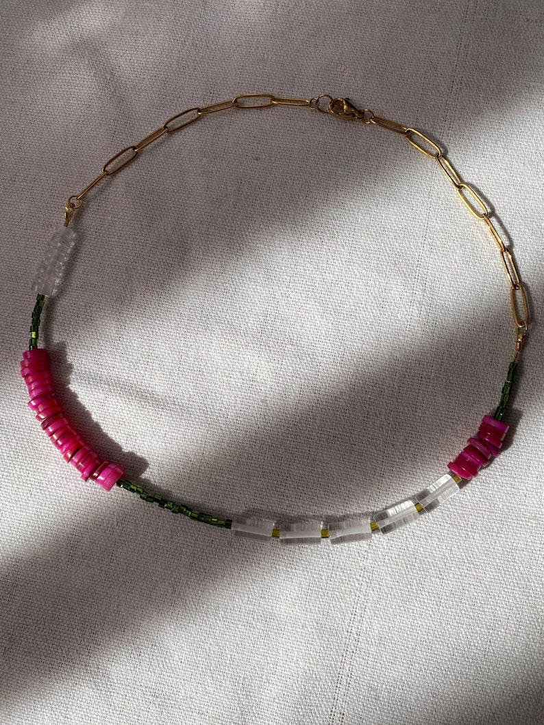 Natural stone crystal quartz choker necklace, fuchsia heishi shell choker, beaded surfer collar necklace image 2