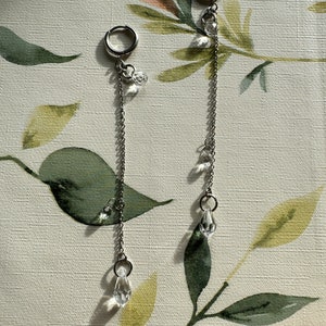 Long crystal teardrop earrings, silver stainless steel hoops with chain pendants, elegant bridal earrings image 2