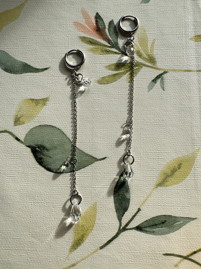 Long crystal teardrop earrings, silver stainless steel hoops with chain pendants, elegant bridal earrings image 2