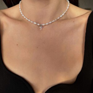 Dainty pearl and crystal cross necklace, tiny freshwater pearl choker and cross pendant, grunge style necklace image 8