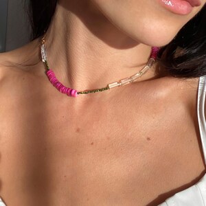 Natural stone crystal quartz choker necklace, fuchsia heishi shell choker, beaded surfer collar necklace image 5