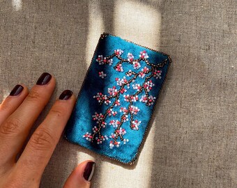 Large velvet embroidered brooch Cherry Blossom branch, pink Sakura flower magnetic brooch pin