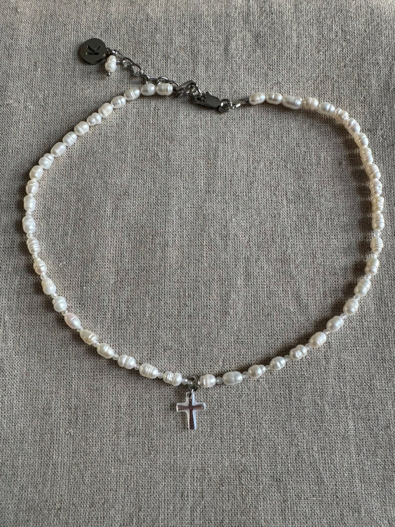 Dainty pearl and crystal cross necklace, tiny freshwater pearl choker and cross pendant, grunge style necklace image 5