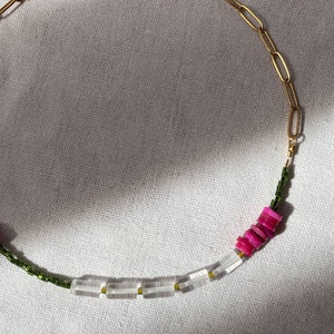 Natural stone crystal quartz choker necklace, fuchsia heishi shell choker, beaded surfer collar necklace image 4