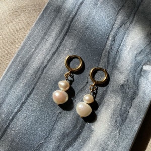 Long pearl hoop earrings, freshwater pearl drop earrings, gold stainless steel huggie hoop, dainty dangle pearl earrings image 10