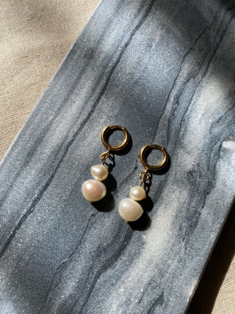 Long pearl hoop earrings, freshwater pearl drop earrings, gold stainless steel huggie hoop, dainty dangle pearl earrings image 10