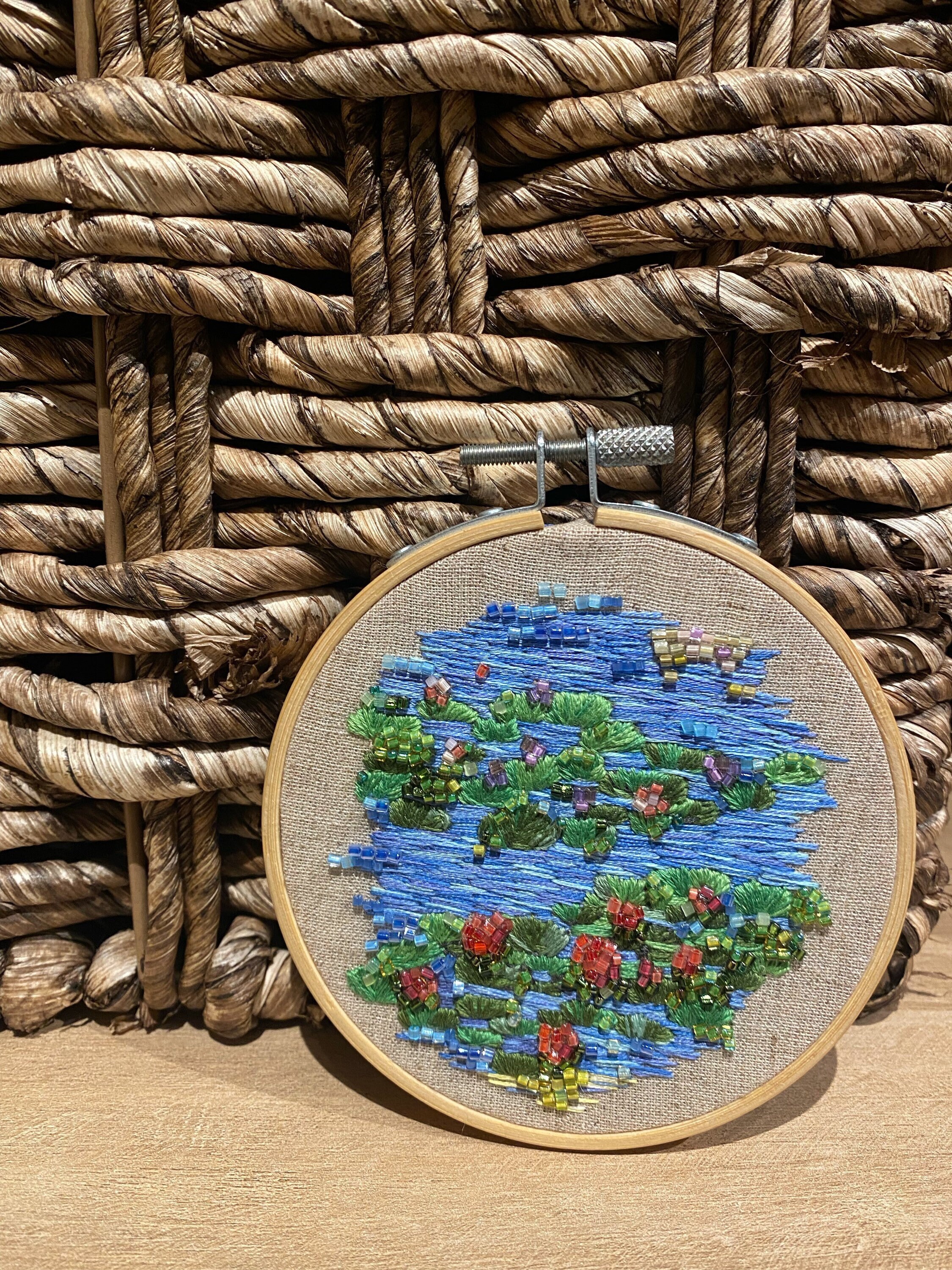 Decoration Murale Broderie Monet Les Nymphéas, Cadre Ronde à Suspendre, Tambour Brodé La Main Fleur