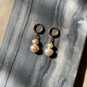 Long pearl hoop earrings, freshwater pearl drop earrings, gold stainless steel huggie hoop, dainty dangle pearl earrings image 7