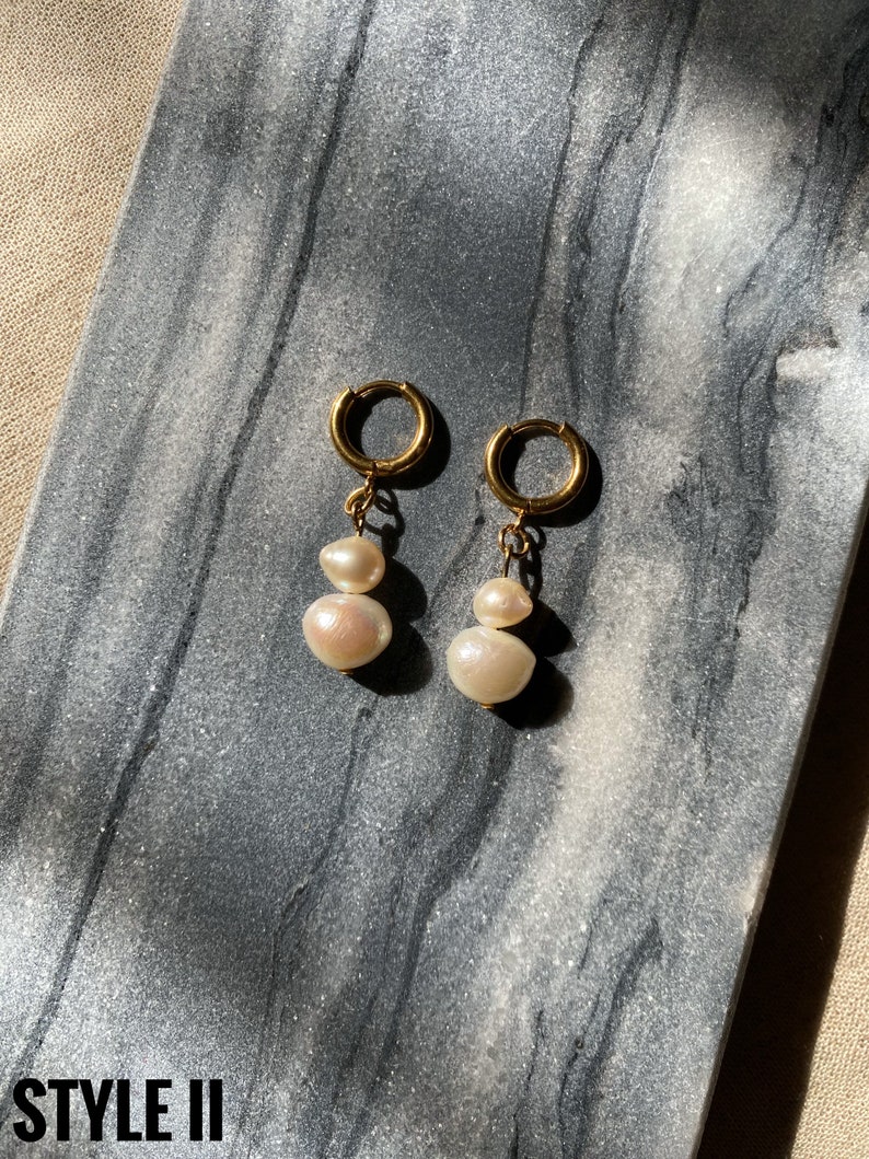 Long pearl hoop earrings, freshwater pearl drop earrings, gold stainless steel huggie hoop, dainty dangle pearl earrings image 7