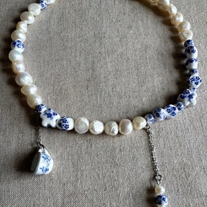 Freshwater pearl choker necklace, blue and white porcelain ceramic bead choker, lariat bridal necklace image 6