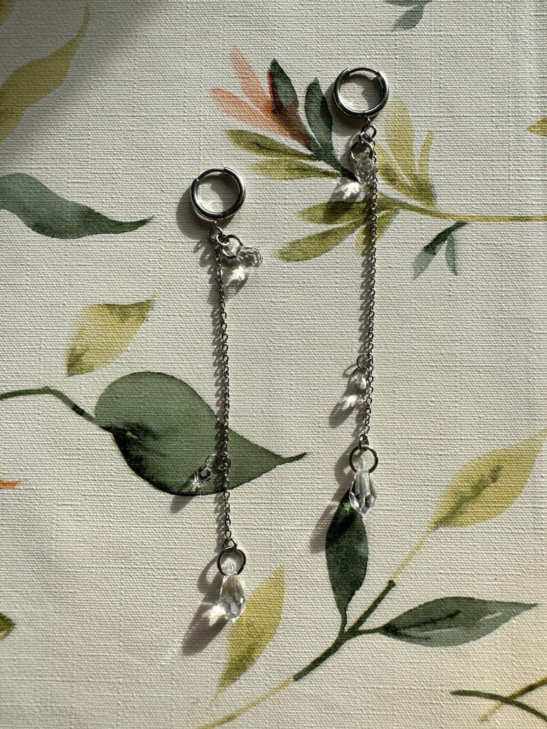 Long crystal teardrop earrings, silver stainless steel hoops with chain pendants, elegant bridal earrings image 7