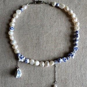 Freshwater pearl choker necklace, blue and white porcelain ceramic bead choker, lariat bridal necklace image 5