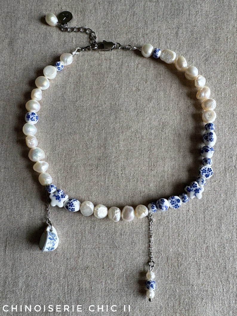 Freshwater pearl choker necklace, blue and white porcelain ceramic bead choker, lariat bridal necklace image 5