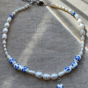 Freshwater pearl choker necklace, blue and white porcelain ceramic bead choker, lariat bridal necklace image 8