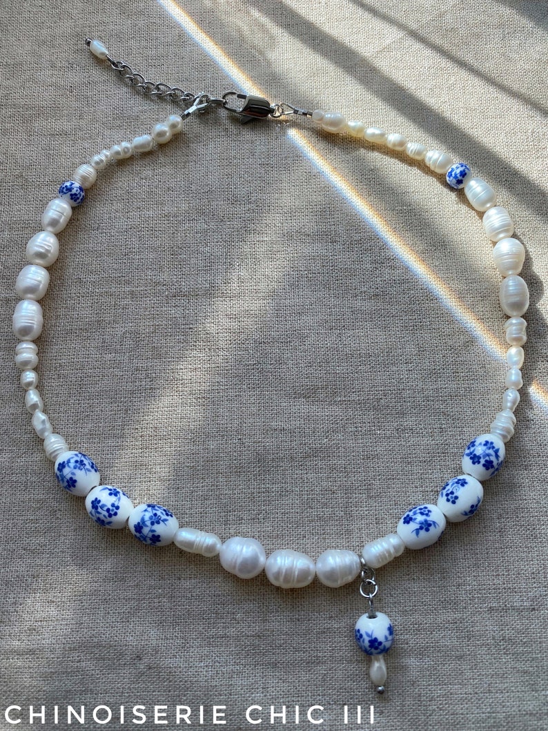 Freshwater pearl choker necklace, blue and white porcelain ceramic bead choker, lariat bridal necklace image 8