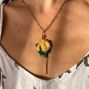 Paperclip chain necklace gold stainless steel with hand embroidered pendant yellow rose bud flower, birth flower necklace image 10