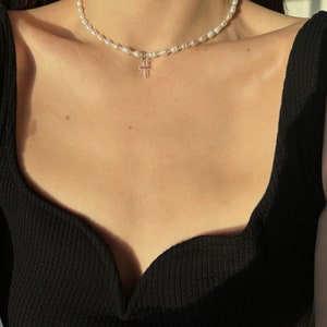 Dainty pearl and crystal cross necklace, tiny freshwater pearl choker and cross pendant, grunge style necklace image 4