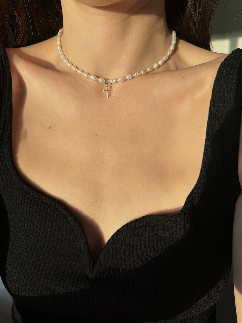 Dainty pearl and crystal cross necklace, tiny freshwater pearl choker and cross pendant, grunge style necklace image 4