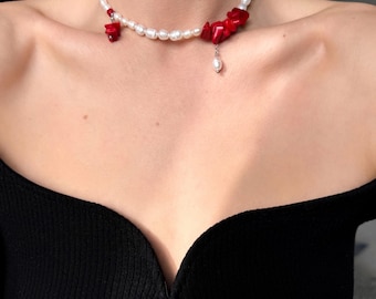 Pearl and red coral bamboo necklace, red coral choker