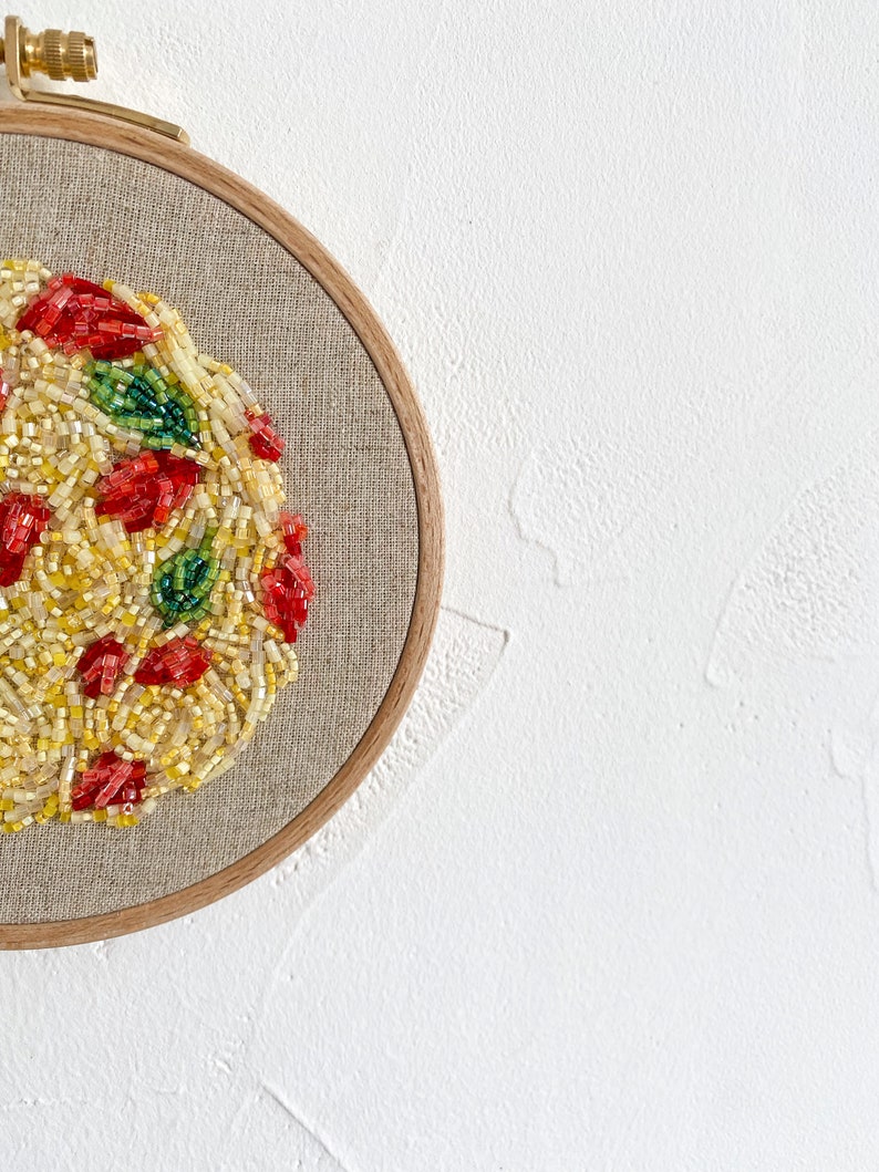 Kitchen wall decor, Italian spaghetti embroidery hoop art, kitchen wall decor food art bead embroidery, pasta embroidered hoop image 4